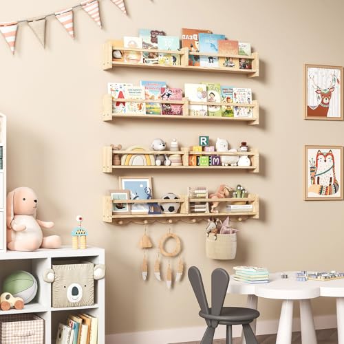 34Inch Nursery Bookshelves,Set of 4,Wall Floating Shelf Kids Coat Rack with 6Hooks,Hanging Book Shelf for Baby Nursery Room Décor， Patent Number: 29958098(Burlywood, 34) - color: Burlywood