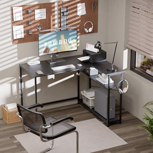 Pamray 43 Inch L Shaped Computer Desk with Reversible Side Storage Shelves, Small Corner Desk for Small Space Home Office,Writing Study Table Gaming PC Desk for Bedroom,Black - color: Black, size: 43 Inch