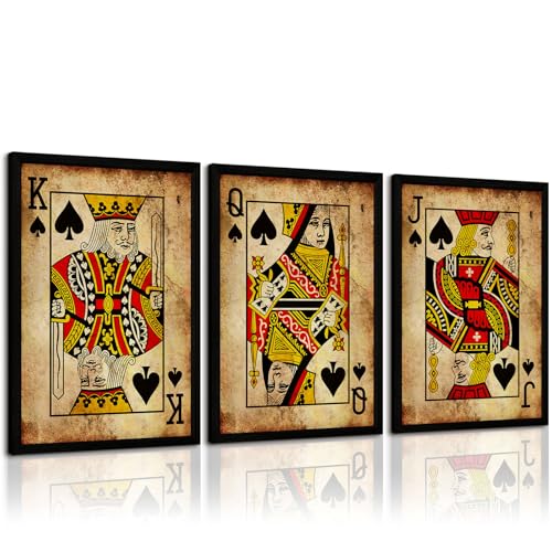 Playing Card Wall Art Poster Vintage Poker Canvas Wall Decor Retro Game Room Art Picture Joker King Queen Poster Trendy Retro Prints Vintage Poker Painting Artwork for Bedroom 16x24 Inch Framed 3Pcs - color: JQK Prints, size: 16x24 Inch Framed