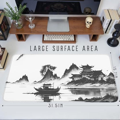 Chinoiserie Mouse Pad Black White Large Ink Painting Desk Mat Landscape XXL Large Gaming Mouse Mat for Office,Computer,Keyboard,Laptop and Home Desk Mat 31.5 X 15.7inch - color: A7- Ink