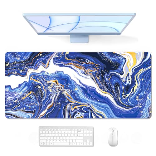 Auhoahsil Large Gaming Mouse Pad, Marble Theme XXL 35.4 x 15.7 in Desk Pad Stitched Non-Slip Rubber Long Computer Mousepad Thin Extended Full Size Desk Mat for Desktop Laptop Wireless Mice, Blue - color: 10 Navy Marble, size: 35.5L x 15.7W inches