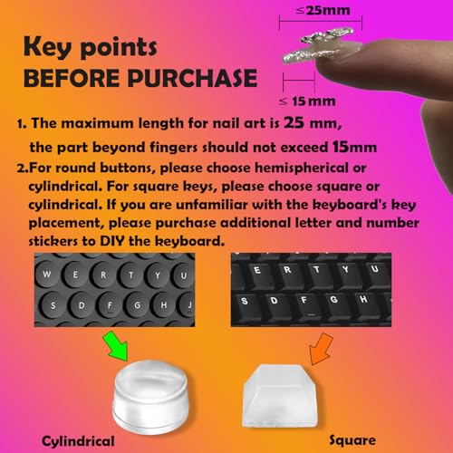 DIY Raised Keyboard Sticker with Letter Decals for Long Nails, 80 Pcs Adhesive Keycap Riser for Nail Art Protective Keycap Silicone Sticky Pad Suitable for Tying and Gaming (Translucent-Cylinder)