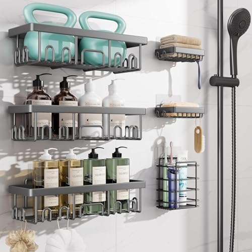 Veken Rustproof & Waterproof Shower Caddy 6-Pack, No Drilling Adhesive Shelves Rack with Soap Holder, Large Capacity Bathroom Organizers and Storage, Wall-Mounted Kitchen & Home Decor, Dark Grey - color: Dark Grey