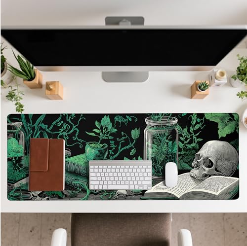 Dark Academia Gaming Mouse Pad Abstract Black Mouse Pad 31.5x11.8 Inch Mystical Green Plant Texture Non-Slip Rubber Base Large Mousepad Stitched Edges Keyboard Mouse Mat Desk Pad for Office and Home - color: Dark Academia