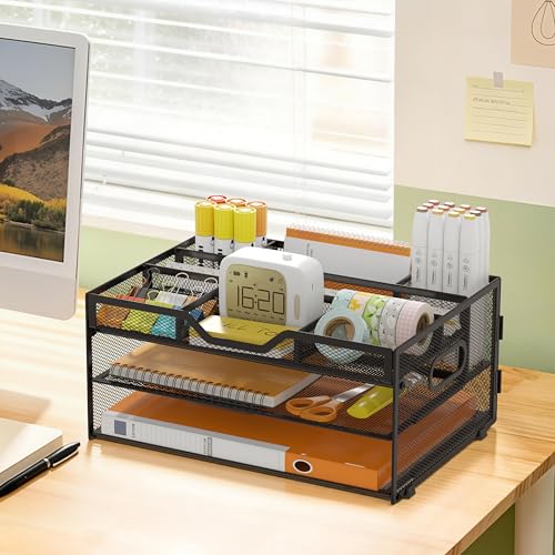 3 Tier Desk Orgnizers and Accessories, Metal Magazine File Holder with Pencil Holder and Handles, Space Saving Desk File Trays for School Office Supplies(Black) - color: 3-tier-black