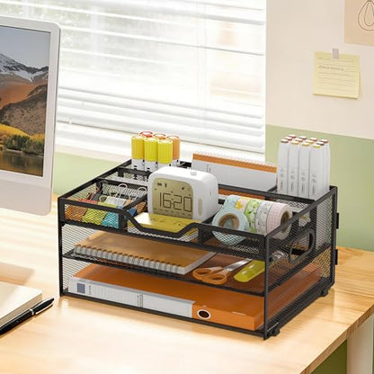 3 Tier Desk Orgnizers and Accessories, Metal Magazine File Holder with Pencil Holder and Handles, Space Saving Desk File Trays for School Office Supplies(Black) - color: 3-tier-black