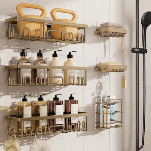 Veken Shower Caddy 6-Pack, No Drilling & Rustproof, Waterproof Adhesive Shelves Rack with Soap Holder, Large Capacity Bathroom Organizers and Storage, Wall-Mounted Kitchen & Home Decor, Matte Gold - color: Matte Gold