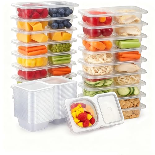 Pure Future 20-Pack Reusable Snack Containers with Lids, 2-Compartment Snackle Box Container for Meal Prep, Portion Control Snack Pack for Office, Travel & Gym, Microwave Safe (40 Pcs)