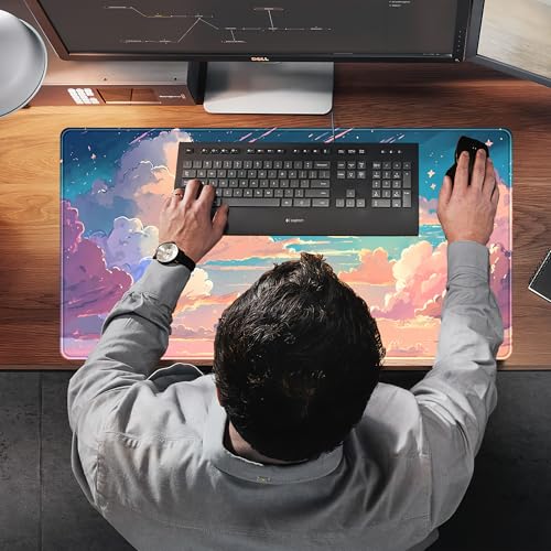 Cool Pink Desk Mat Pastel Clouds Large XXL Gaming Mouse Pad Non-Slip Rubber Base Mousepad, Office Desktop Decor Desk Pad, Computer Laptop Keyboard and Mouse Mat with Stitched Edges, 31.5x15.75 in - color: Pastel Pink Clouds