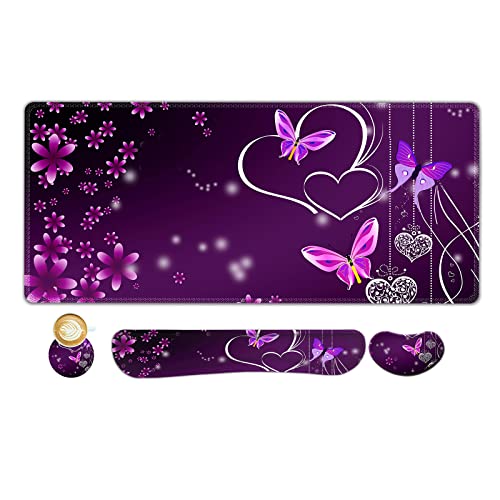 ARTSO Large Gaming Mouse Pad, Keyboard Wrist Rest Pad & Wrist Support Mousepad Set, Stitched Edge, Extended, Non-Slip Base, Memory Foam Desk Mat for Office, Home, Purple Heart Butterfly - color: Purple Heart Butterfly