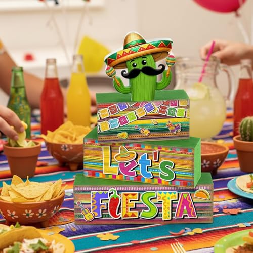 Yuntau 4 Pcs Mexican Fiesta Party Decorations Wooden Cinco De Mayo Tabletop Decor Lets Fiesta Tiered Tray Decor Rustic Wood Block Sign Gift Farmhouse Mexican Centerpieces Portable Shelf Home Office - style: Cactus