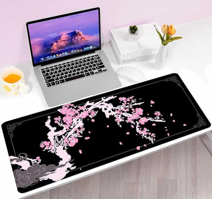 Japanese Pink Cherry Blossom Desk Pad, Black Long Mouse Pad Deskmat, Cute Desk Mat for Desktop, Women Computer Laptop Protector Writing Pads for School Office, 31.5 X 11.8 in- Sakura Flowers - color: Cherry Blossom Art