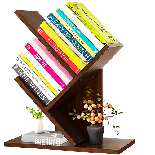 Godferyxin Tree Bookshelf,Small Bookshelf,3 Tier Wood Mini Book Shelf and Book Tree for Office, Home or School Desktop Book Shelf for for Displaying Books, CDs, Magazines Wood Storage Rack - color: 3-tier-teak Color