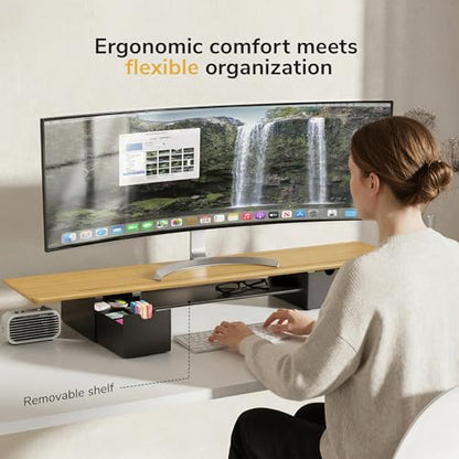 Mount-It! Extra Wide 39" Real Solid Bamboo Dual Monitor Stand Riser, 2 Metal Drawers + Shelf, 66 lbs, Built-In Device Slot, Home Office Desk Organizer
