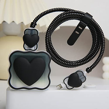 Compatible with iPhone 18W/20W USB-C Charger Cover Lovely 3D Love Heart Waves Clear Soft Charger Protector Cute Cable Saver for iPhone 11 12 13 14 Pro Max Fast Power Adapter, Black 1 (5in1) - color: Black 1 (5 in 1)