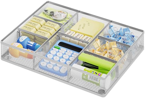 Marbrasse Desk Drawer Organizer, Metal Mesh Drawer Organizer Tray with 5 Adjustable Compartments,Desk Organizers and Accessories for Home,Office,Kitchen,Makeup,Vanity (Silver) - color: Silver