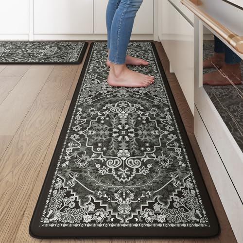 KIMODE Anti Fatigue Kitchen Mat Cushioned, Boho Distressed Kitchen Rugs Sets of 2, Non Slip Memory Foam Kitchen Mat for Floor, Standing Desk Mat for Laundry Office Sink 17.3"x29"+17.3"x59" Black - color: Black/Multi, size: 17.3" x 59"+17.3" x 29"--0.47 in