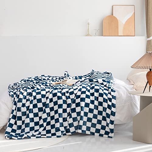 LOMAO Throw Blankets Flannel Blanket with Checkerboard Grid Pattern Soft Throw Blanket for Couch, Bed, Sofa Luxurious Warm and Cozy for All Seasons (Navy, 50"x60") - color: Navy, size: 50"x60"