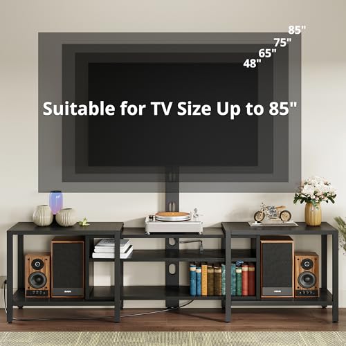 IRONCK 79 Inch TV Stand for TVs up to 85 Inch with Mount and Power Outlet, 3 Tiers TV Console with Storage Shelves, Entertainment Center, Steel Frame, for Living Room, Bedroom, Black - color: Black