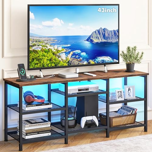 YGEOMER TV Stand for Living Room TVs Up to 50 Inches, Entertainment Center with Power Outlet and LED Lights Open Storage Shelves, TV Console for Bedroom, Rustic Brown - color: Rustic Brown