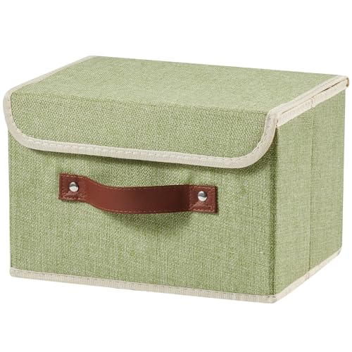 Storage Boxes with Lid Cotton Linen Fabric Storage Bins Organizer Container Decorative Collapsible Washable Shelf Baskets Faux Leather Handles for Home Bedroom Closet (Green, Small Size) - color: Green, size: Small (Set of 1)