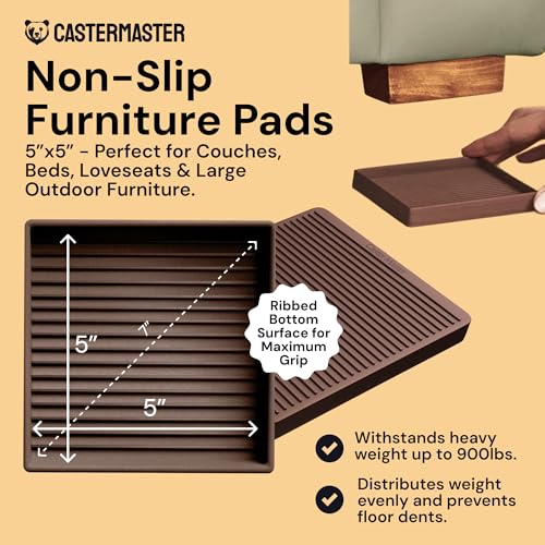 CasterMaster Square Rubber Pads - 5x5 in Brown, 4 Pack | Non-slip caster cups - anti-skid - Use for couches, beds & chairs on hardwood, tile & vinyl - color: Brown, size: 5'' x 5'' (Pack of 4)