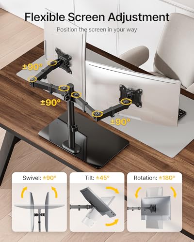 monTEK Freestanding Dual Monitor Stand with Sleek Glass Base for 17-32 inch Screens, Heavy-Duty Dual Monitor Mount Holds 22 lbs per Arm, Fully Motion Height Adjustable, VESA 75/100 MM