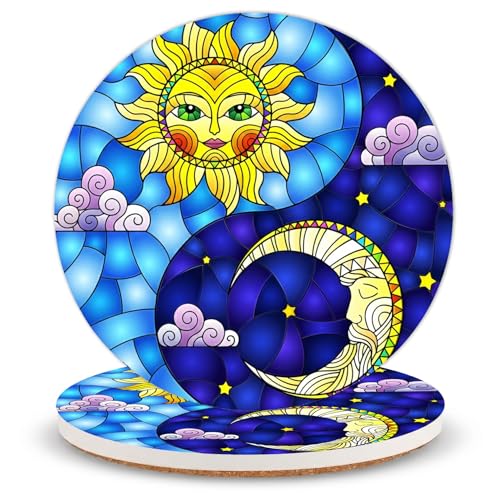 Sun and Moon Ceramic Coasters of 2 with Cork Backing Absorbent Cup Coaster | Non-Slip Coasters for Drinks and Coffee Table Office Desk Home Decor, Gifts for Celestial Lovers, Mom, Sun Moon Fans - color: Sun Moon