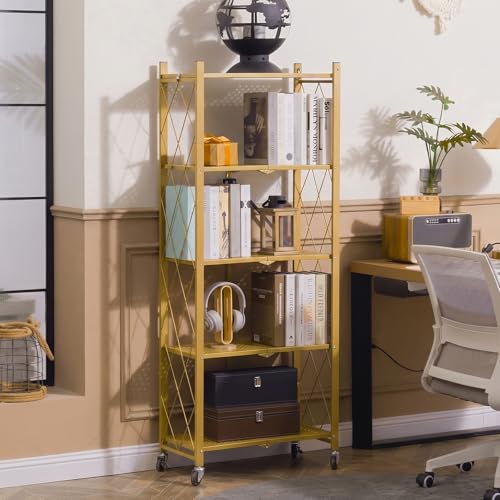 DEANIC 5-Shelf Folding Bookcase with Wheels, Rolling Bookshelf Heavy Duty Storage Shelves, Freestanding Metal Wire Shelving Unit for Living Room, Office, Kitchen, Basement, Pantry (Gold) - color: Gold, size: Compact 5 tier