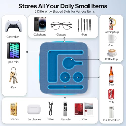 Couch Cup Holder Tray, Couch Caddy for Drink, Snack, Phone, Remote, Ipad, Game Controller, Large-size Sofa Cup Holder for Bed, Sofa, Car, Desk, Blue - color: Blue, size: L-14"×15"×3.2"