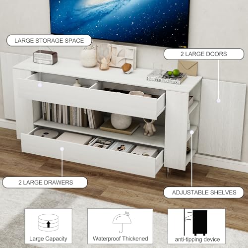 TV Stand Cabinet Up to 55 inch with Conceals Storage, Woodgrain, White | TV cabinet with 2 Push-Open doors and 2 drawers, entertainment center, storage cabinet, modern style, living room, office - color: Woodgrain White, size: 47.24"W*13.78"D*27.56"H