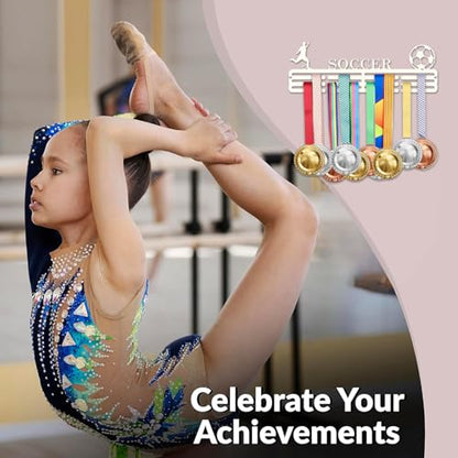 Resama Medal Hanger Holder Display Wall Rack Frame Shelf-Medal Hanger Awards Ribbon Soccer,Gymnastics,Holder Display Rack for 60 Medals - color: Soccer White
