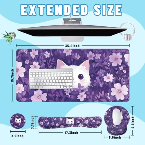 Cute Cat Desk Mat Set Purple Floral Kawaii Cartoon Large Mouse Pad with Wrist Rest 4in1 Desk Mat for Desktop Ergonomic Keyboard Wrist Support Anti-Slip Computer Ergonomic Mouse Pad Home Office Gaming - color: Cute Cat