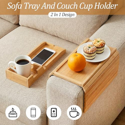 1 Pc 3 in 1 Couch Cup Holder Tray, 4.7X12.6Inch Couch Armrest Table Anti-Slip Sofa Armchair Caddy Table Couchs Arm Tray with Detachable Cup Holder Foldable Sofas Trays for Drinks Cellphone Snacks