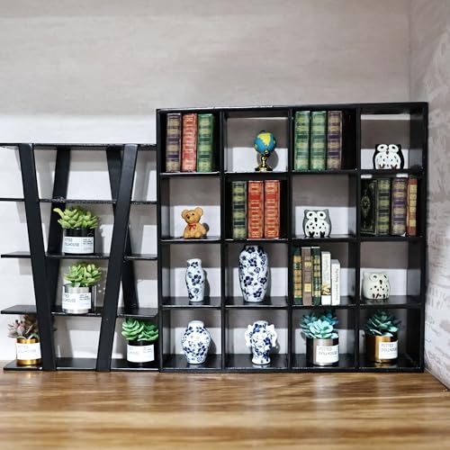 Miniature Furniture Storage Rack 1/12 Dollhouse Furniture 16 Grid Shelf Bookshelf Display Shelf Wall Rack Stand Mini House Scene Decoration (Black) - style: Black