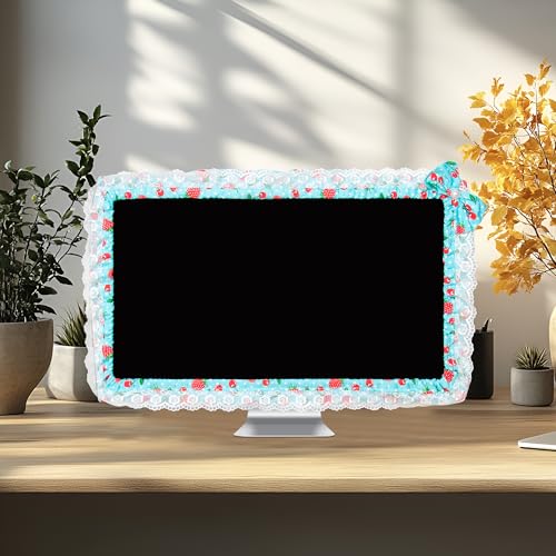 24-inch Cute Lace Fabric Monitor Cover with Elastic Pen Pocket & Bow-knot Design, Dust Protector for Computer/TV/LCD Screens - Blue - color: Blue & Cherry Strawberry