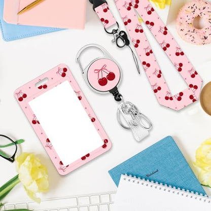 Cherry Badge Holder with Lanyard, Beautiful Bow ID Badge Holder with Retractable Reel Clip and Keychain for Bow Lover, Vertical Identity Card Cover Case Protector for Women Nurse Teacher - color: Cherry-pink