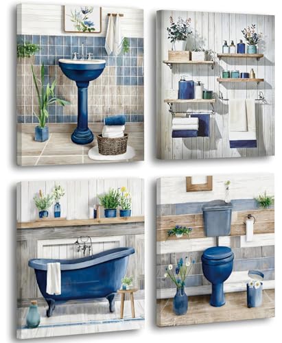 Framed Navy Blue Bathroom Wall Art，Rustic Blue Bathroom Theme Farmhouse Canvas Wall Art，Set of 4（8x10 Inch） Retro Aesthetic Bathroom Picture Artwork Decor，Ready to Hang - color: 8x10inch（framed）navy Blue Bathroom Wall Art