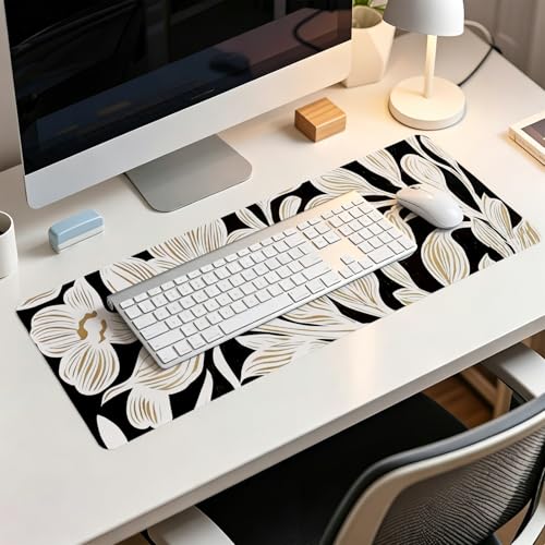 Black Beige Floral Mouse Pad,Vintage Botanical Desk Mat,Medieval Aesthetic Neutral Flower Large Mousepad for Home Office Dorm Desktop Decor,31.5x11.8 Inch - color: Floral Black Beige XL