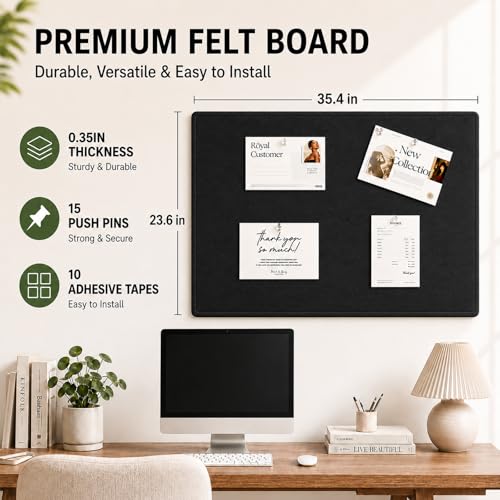 Felt Bulletin Board for Wall 36" x 24" Unfolded Size, Frameless Felt Pin Board, Soft Cork Board Alternative for Office, Home Planning, Notes, Photos & Wall Decor, Foldable Shipping, Easy Install - color: Black, size: 24" x 36"