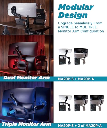 ULTRARM Heavy Duty Monitor Arm for Ultrawide Monitors up to 57" and 44 lbs, Single Desk Stand, Pneumatic Height Adjustable, Modular Extension Arms - Max VESA 100x100, Black, MA20P-S | Max 57", 44 lb, 900R Screens, VESA 100x100, Upgradable, Pneumatic Heigh