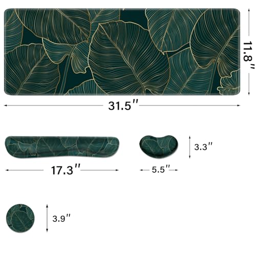 Desk Pad and Keyboard Wrist Rest, Large Mouse Pad + Keyboard Pad+Mouse Wrist Support, Non-Slip Desk Mat Protector for Office, Home 31.5×11.8 Inches Plant Leaves - color: Plant Leaves