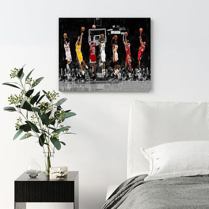 Basketball Legends Canvas Wall Art Iconic Basketball Superstar Shooting Artwork Poster Print Inspirational Sports Wall Art for Basketball Fans Boys Bedroom Gaming Room Home Office Framed 12"x16"
