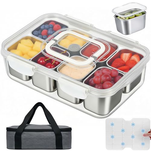Snackle Box Container with Ice Pack, 304 Stainless Steel Divided Serving Tray, Snacklebox with Insulated Bag, 8 Compartment Platter Box with Lid and Handle for Beach, Road Trip, Boat Days, Pool Party - color: Silver White