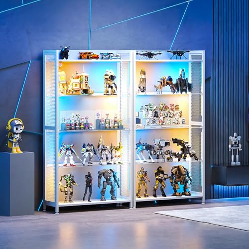 AODK Display Case with LED Lights, Display Cabinet with Glass Storage Shelves, 4-Tier Curio Cabinet for Collectibles with Open Shelf, White Book Shelf - color: White