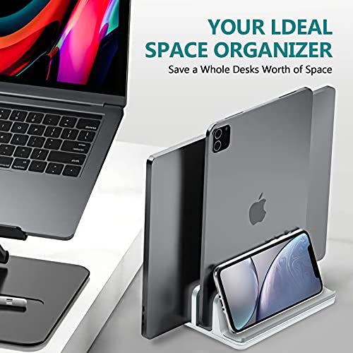 Vertical Laptop Stand for Desk Metal Heavy Duty, 4 Slots Adjustable 4in1 Vertical MacBook Stand Rack Pro Holder Compatible w' All Surface Dell Samsung HP Chromebook Upto 17.5' - Sliver