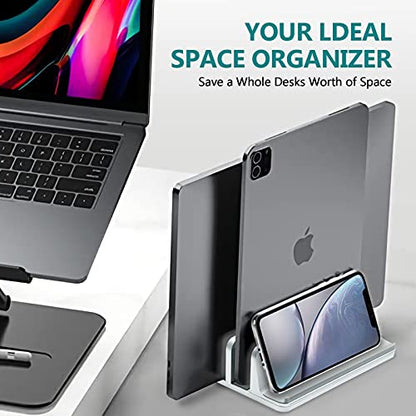 Vertical Laptop Stand for Desk Metal Heavy Duty, 4 Slots Adjustable 4in1 Vertical MacBook Stand Rack Pro Holder Compatible w' All Surface Dell Samsung HP Chromebook Upto 17.5' - Sliver