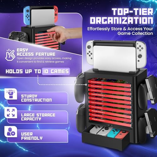 TNP Switch Organizer Station Game Storage Tower Stand for Nintendo Switch OLED with Dock Holder, 10 Game Case Vertical Shelf, 4 Controller Rack, Joy-con Drawer, Black