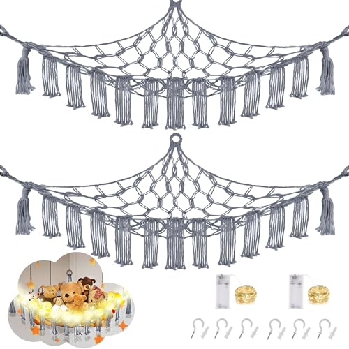 CERETIA Stuffed Animal Hammock with LED Light, Large Stuffed Animals Storage Corner Plushie Net for Kids Room Decor, 2 Packs Grey - color: Grey, size: Large-(Package of 2)