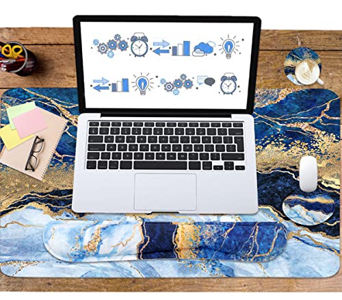 Ergonomic Large Mouse Pad and Keyboard Wrist Rest, Desk Pad for Keyboard and Mouse, 4-in-1 Large Gaming Mouse Pad with Wrist Support - Light Blue - color: Blue Gold Marble